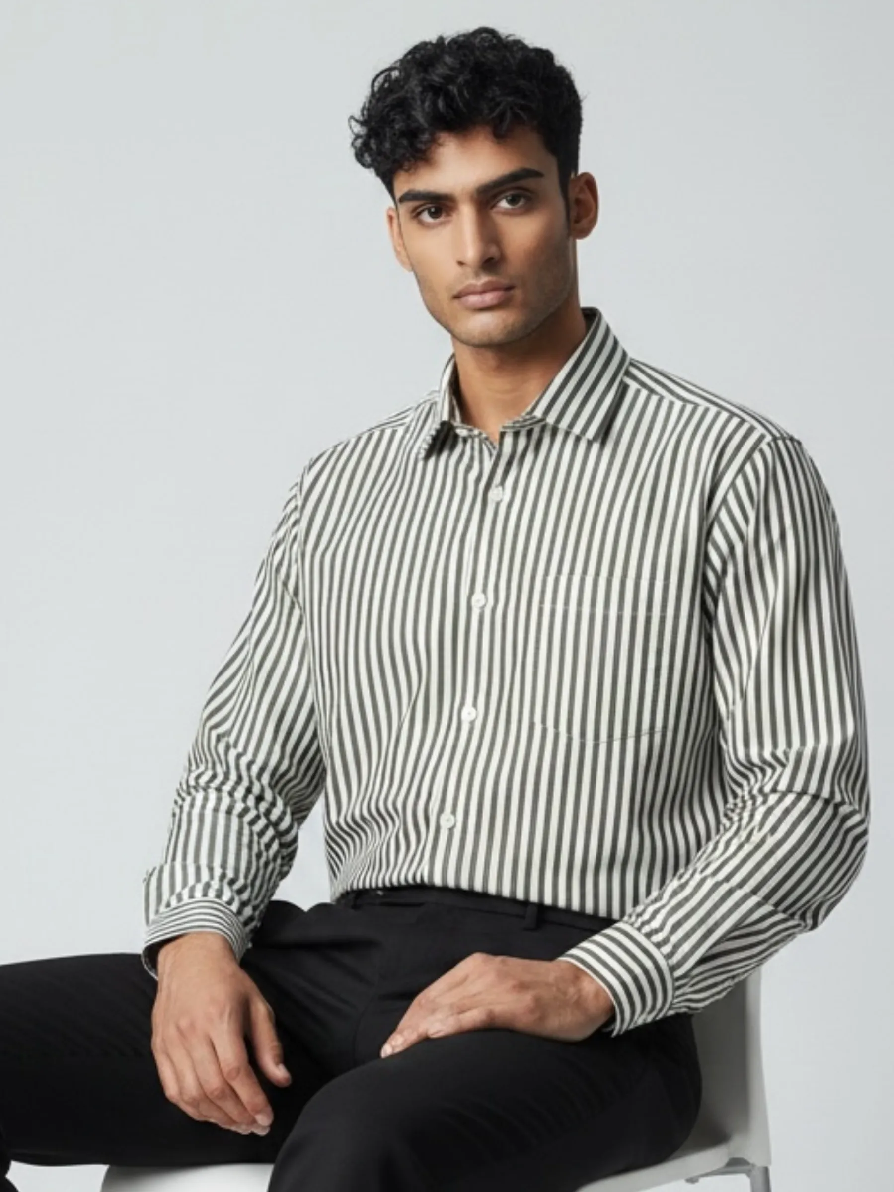 Custom Fit Sage & White Striped Broadcloth Shirt 3